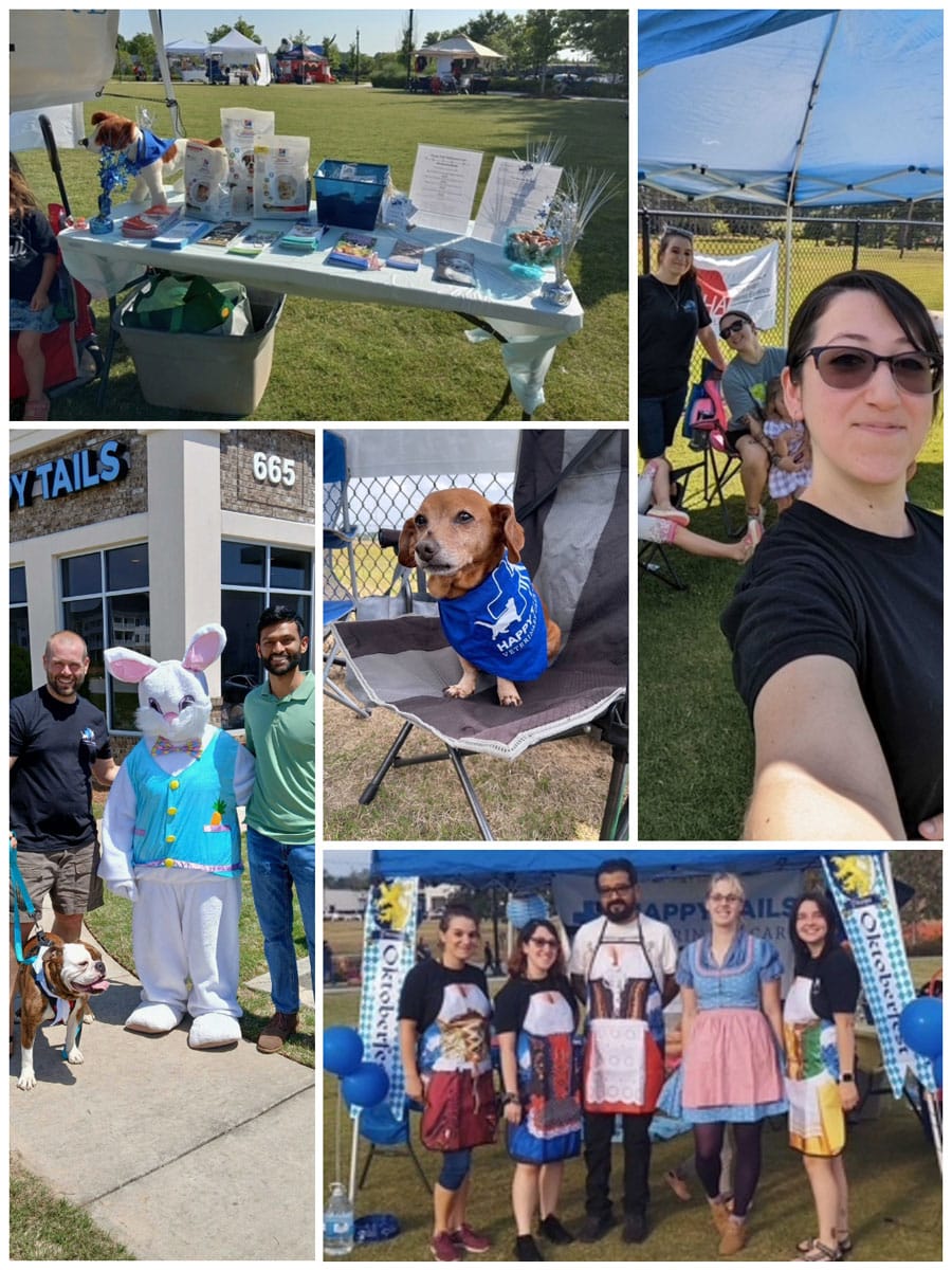 A collage shows people at an outdoor pet event: a table display with treats, group selfies, a dog in a blue bandana, people posing with a person in an Easter Bunny costume, and a group in colorful aprons under a tent.