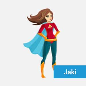 Cartoon superhero woman with brown hair, red top, blue cape, teal pants, and orange boots, standing confidently with hands on hips. Blue label in the corner reads "Jaki.