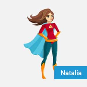 Illustration of a female superhero with long brown hair, wearing a red and blue costume with a cape, yellow boots and gloves, and a triangle emblem on her chest. The name "Natalia" appears in a blue box.